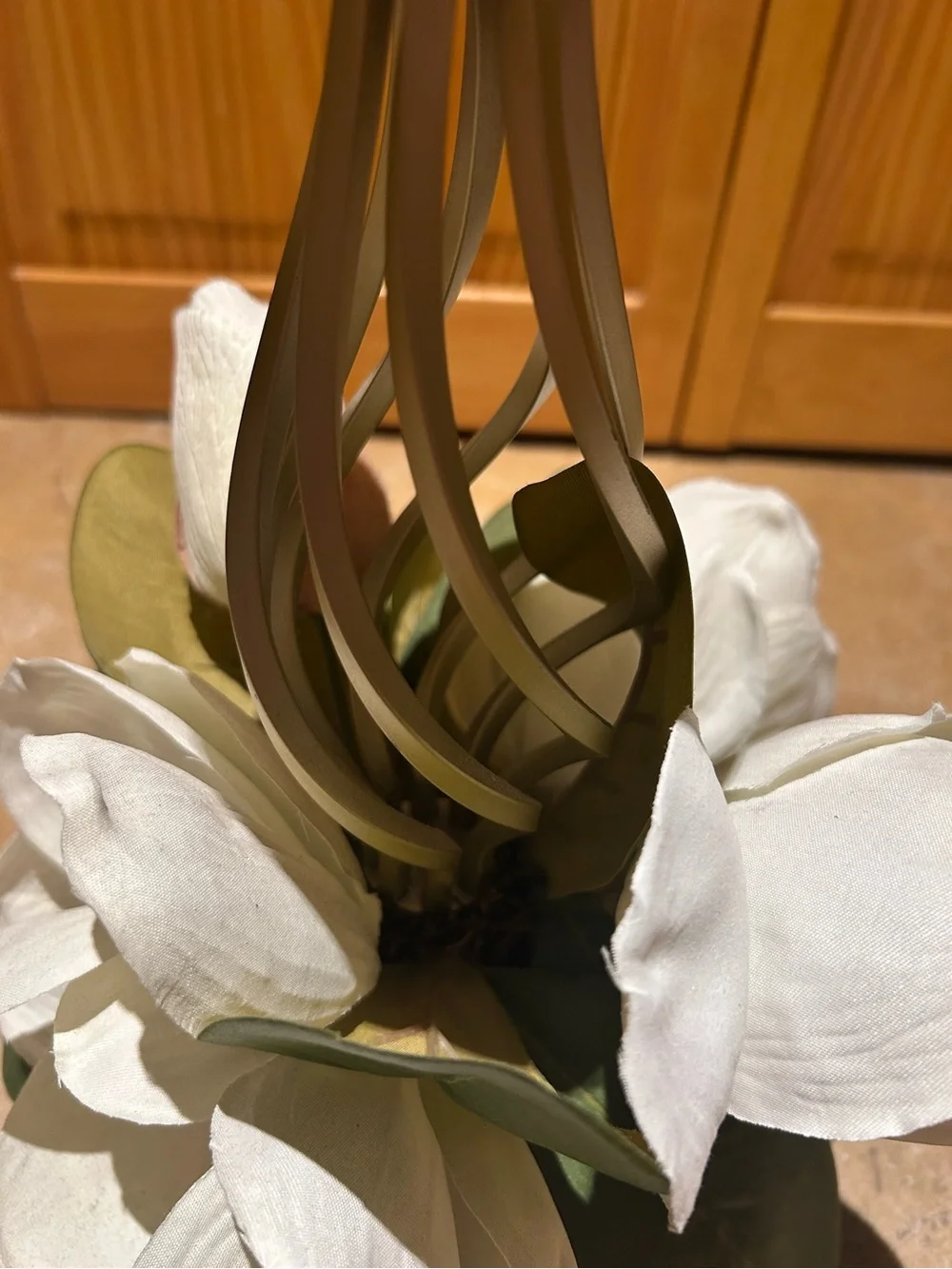 White Floral Magnolia Candle Holder with Green Leaves & White Candle- Home Decor